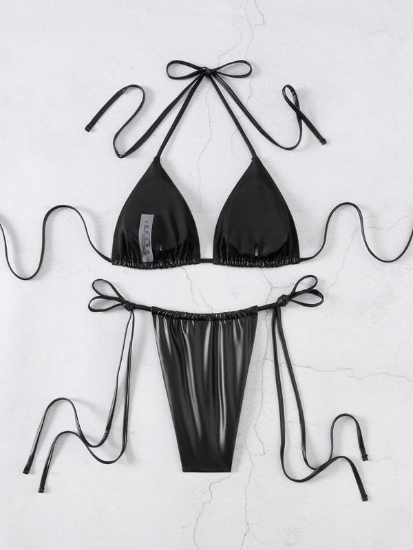 Womens Sexy Triangle Mini Bikini Brazilian PU Swimwear Micro String Bathing Suit
