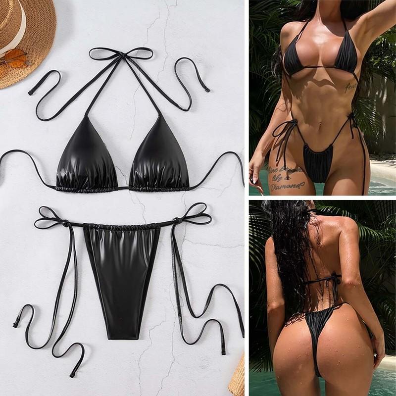 Womens Sexy Triangle Mini Bikini Brazilian PU Swimwear Micro String Bathing Suit