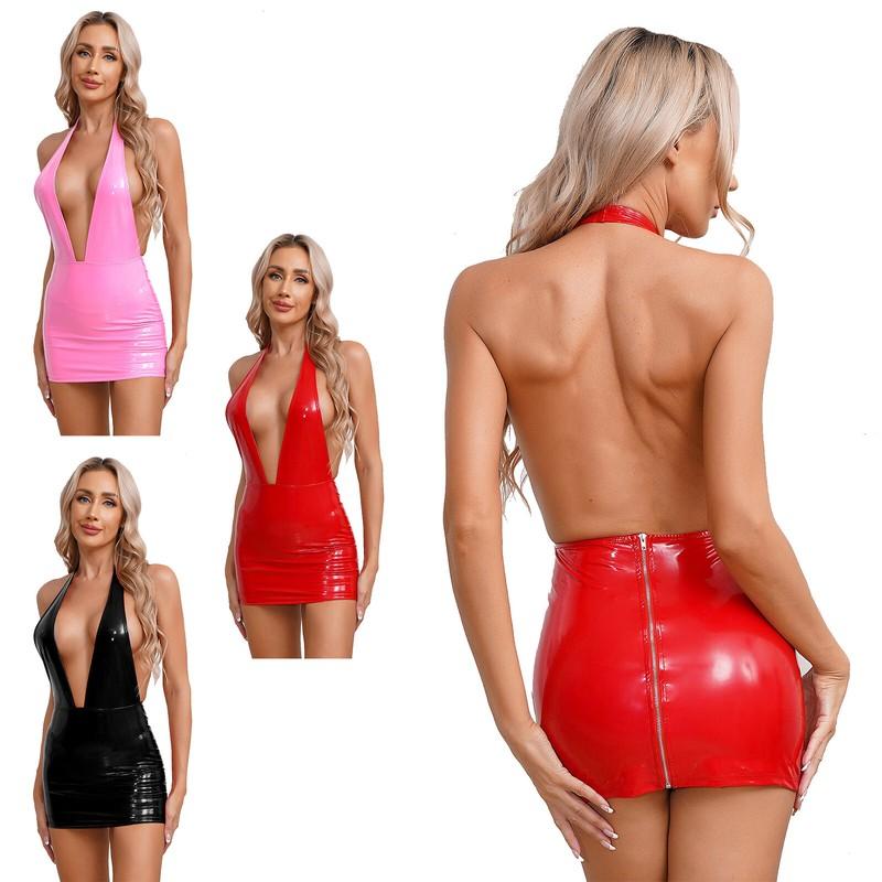Womens Sexy V Neck PVC Leather Mini Dress Wet Look Bodycon Backless Clubwear