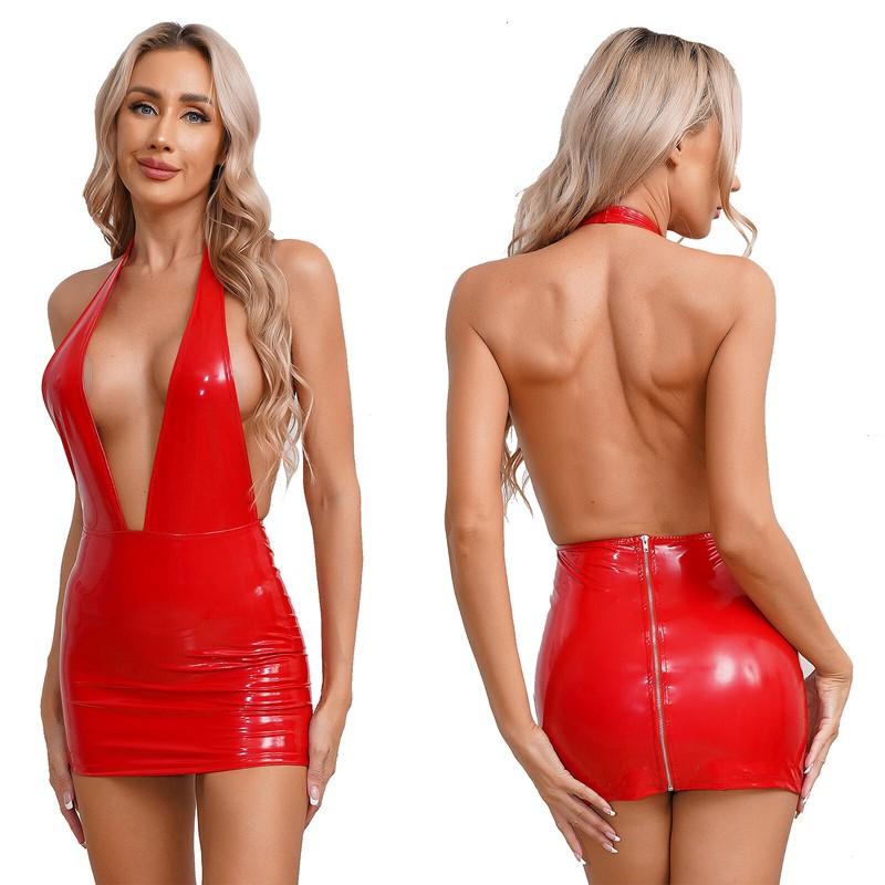 Womens Sexy V Neck PVC Leather Mini Dress Wet Look Bodycon Backless Clubwear