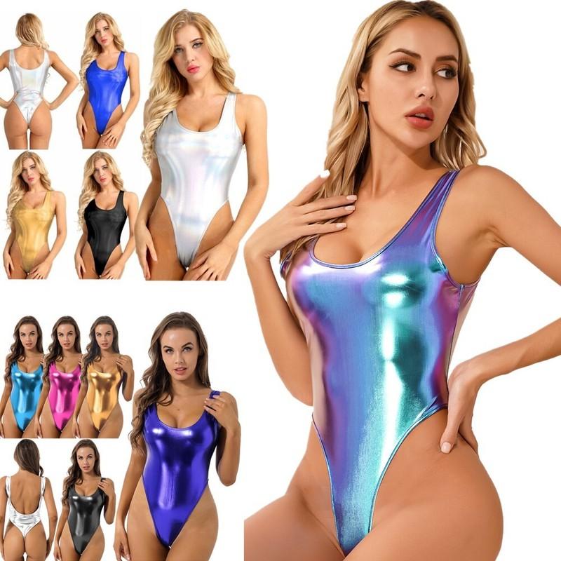 Womens Shiny Metallic One Piece Bodysuit High Cut Thong Leotard Rompers Swimwear