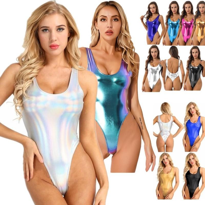 Womens Shiny Metallic One Piece Bodysuit High Cut Thong Leotard Rompers Swimwear