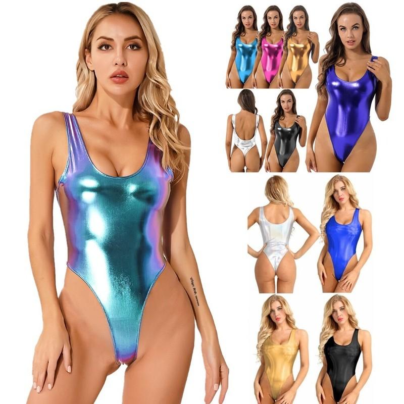 Womens Shiny Metallic One Piece Bodysuit High Cut Thong Leotard Rompers Swimwear