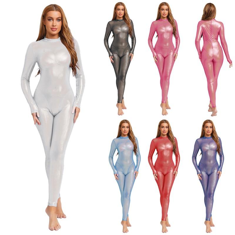 Womens Shiny Metallic See Through Lingerie Bodysuit Back Zipper Unitard Clubwear