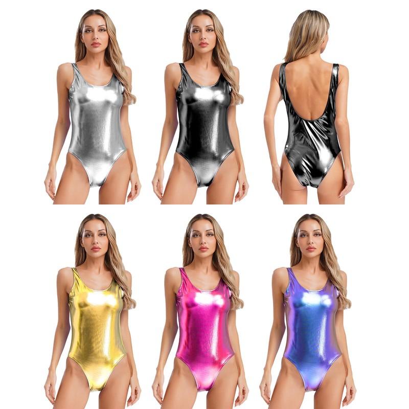 Womens Shiny Metallic U Back Bodysuit Jumpsuit One Piece Swimsuit Bathing Suit