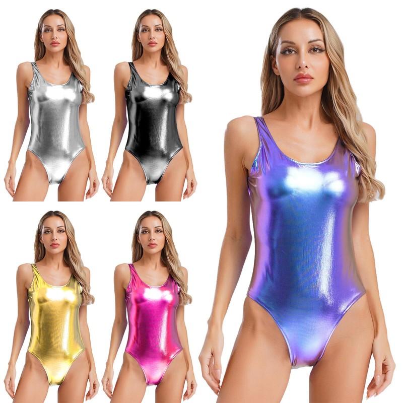 Womens Shiny Metallic U Back Bodysuit Jumpsuit One Piece Swimsuit Bathing Suit