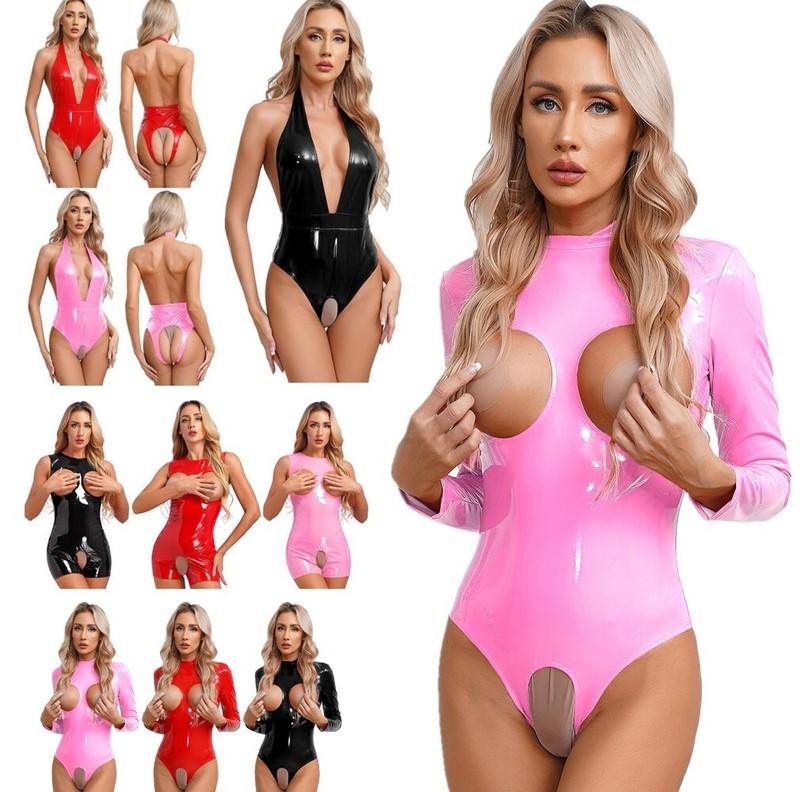 Womens Shiny Patent Leather Bodysuit Crotchless Open Cups Catsuit Jumpsuits