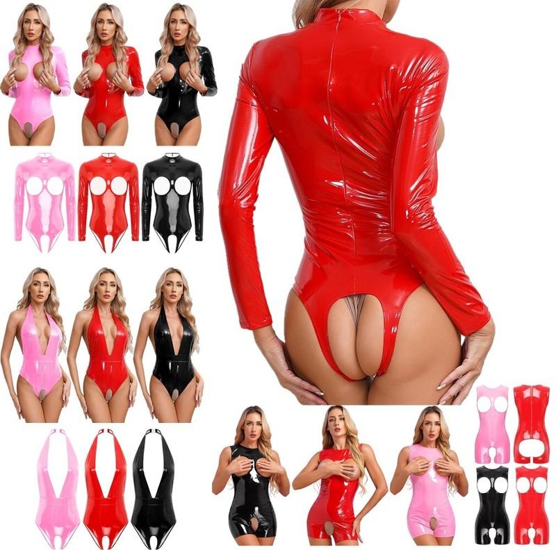 Womens Shiny Patent Leather Bodysuit Crotchless Open Cups Catsuit Jumpsuits