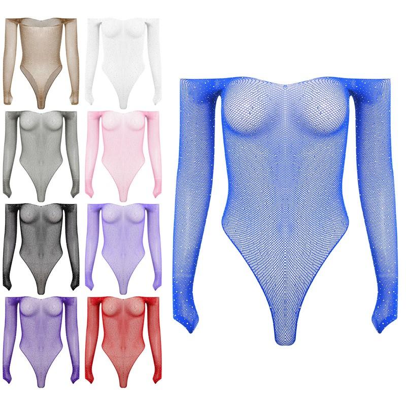 Womens Shiny Rhinestone Fishnet Bodysuit Off Shoulder Jumpsuit Mesh Swimwear