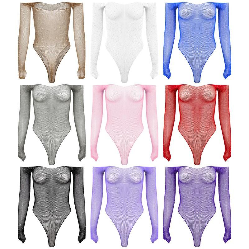 Womens Shiny Rhinestone Fishnet Bodysuit Off Shoulder Jumpsuit Mesh Swimwear