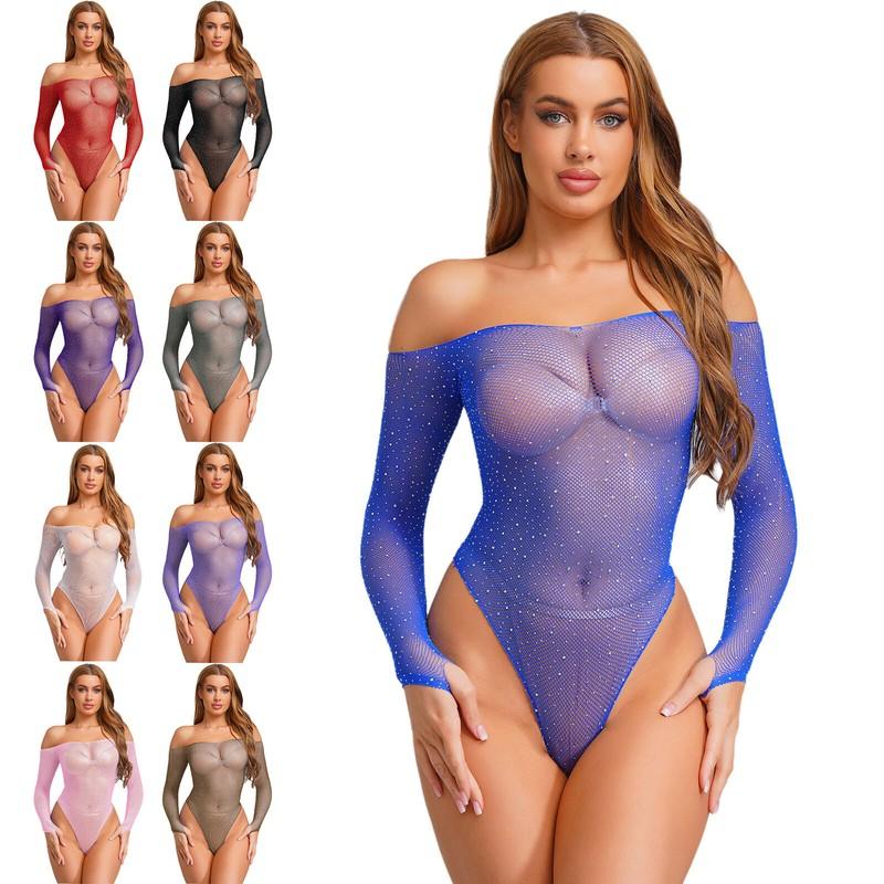 Womens Shiny Rhinestone Fishnet Bodysuit Off Shoulder Jumpsuit Mesh Swimwear