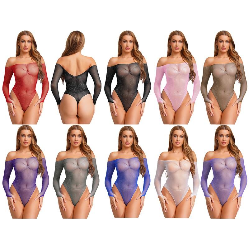 Womens Shiny Rhinestone Fishnet Bodysuit Off Shoulder Jumpsuit Mesh Swimwear