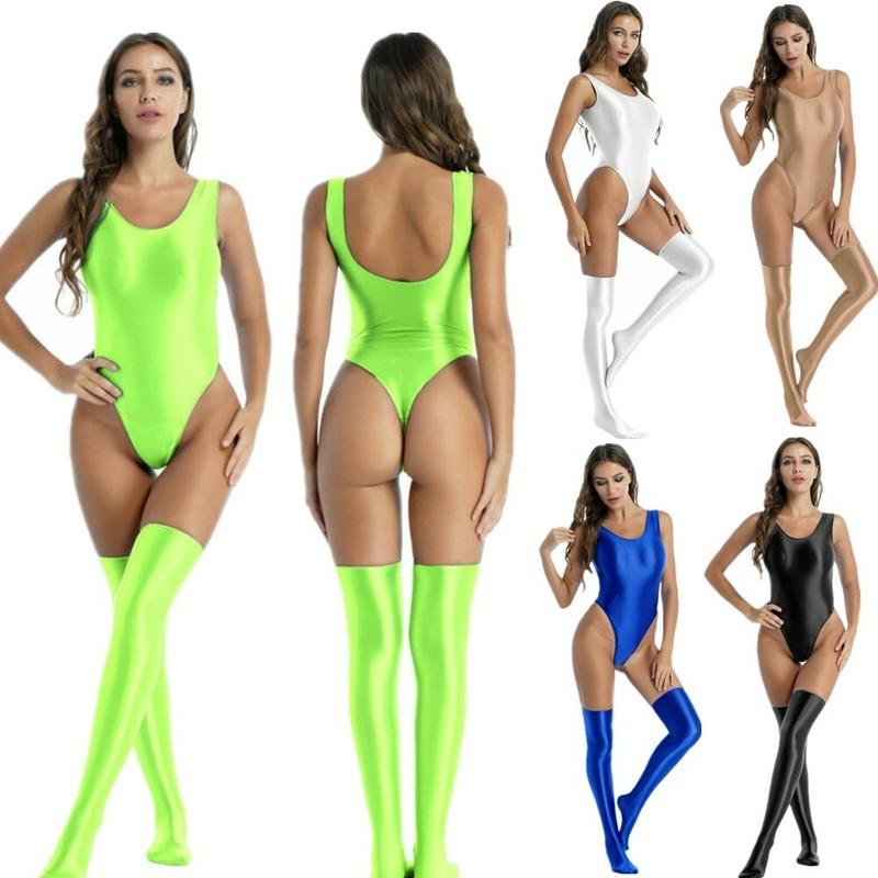 Womens Shiny Spandex Leotard High Cut Thong Bodysuit Swimsuit With Knee Stocking