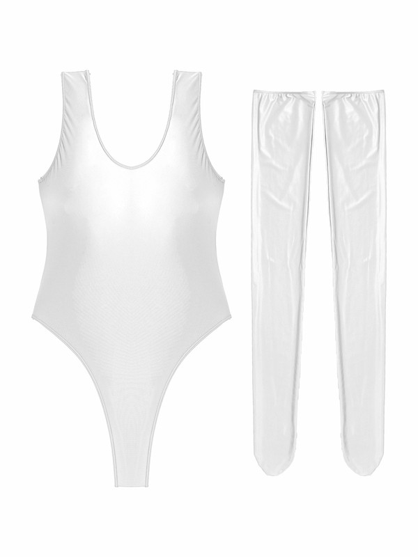 Womens Shiny Spandex Leotard High Cut Thong Bodysuit Swimsuit With Knee Stocking