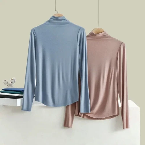 Womens Silk High Neck Top T Shirt Undershirt Knitted Long Sleeve