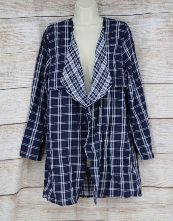 Womens Size Small Plaid Mid Length Duster Navy Blue