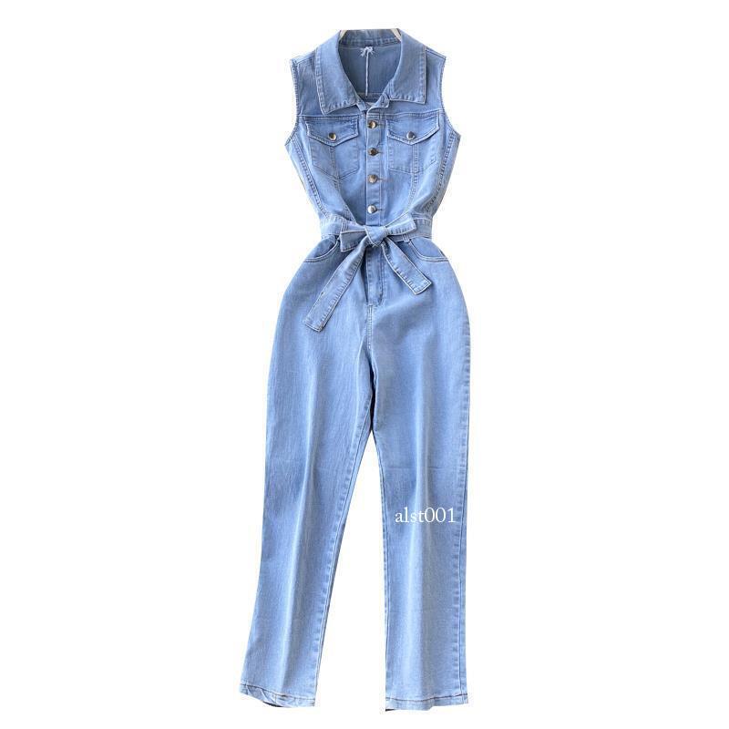 Womens Sleeveless Denim Jumpsuit Straight Leg Casual Button With Belt Workwear