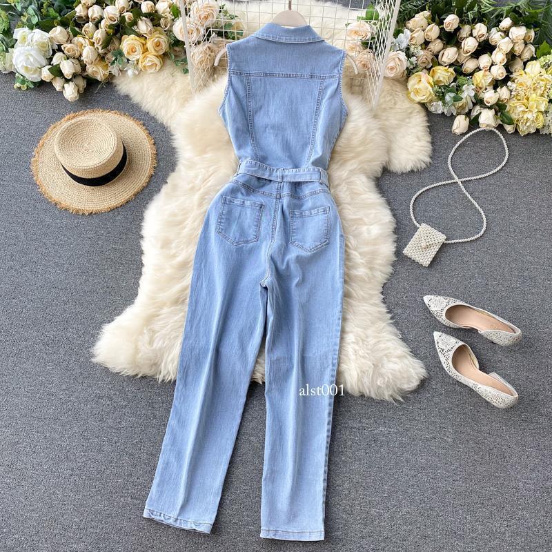 Womens Sleeveless Denim Jumpsuit Straight Leg Casual Button With Belt Workwear