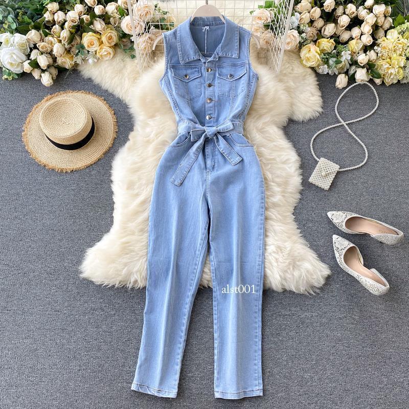 Womens Sleeveless Denim Jumpsuit Straight Leg Casual Button with Belt Workwear