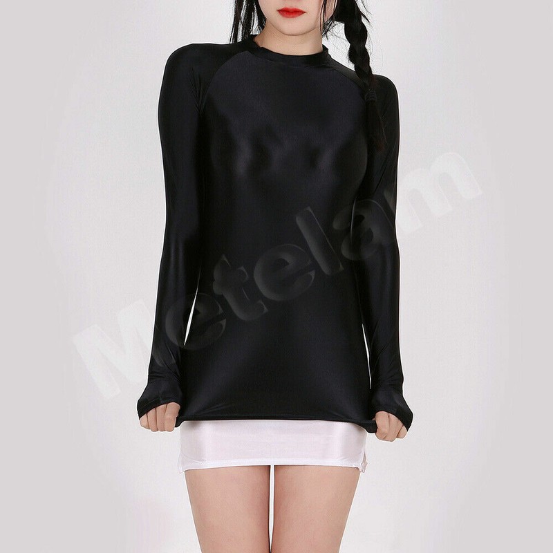 Womens Slim Stretchy Sports Tee Tops Shiny Satin Glossy Long Sleeve Shirt Blouse