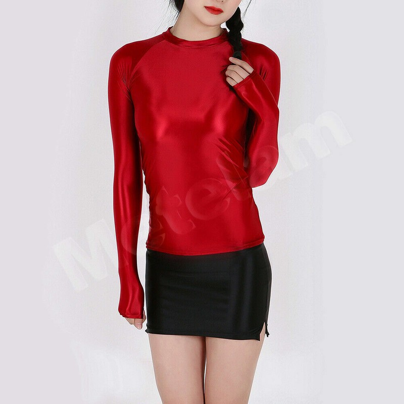 Womens Slim Stretchy Sports Tee Tops Shiny Satin Glossy Long Sleeve Shirt Blouse