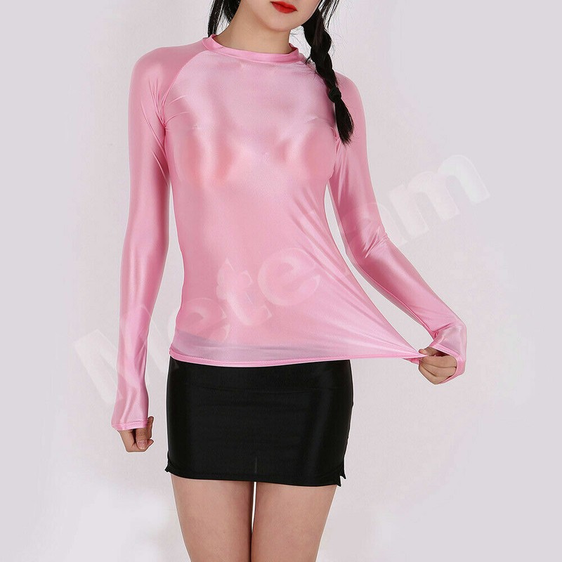 Womens Slim Stretchy Sports Tee Tops Shiny Satin Glossy Long Sleeve Shirt Blouse