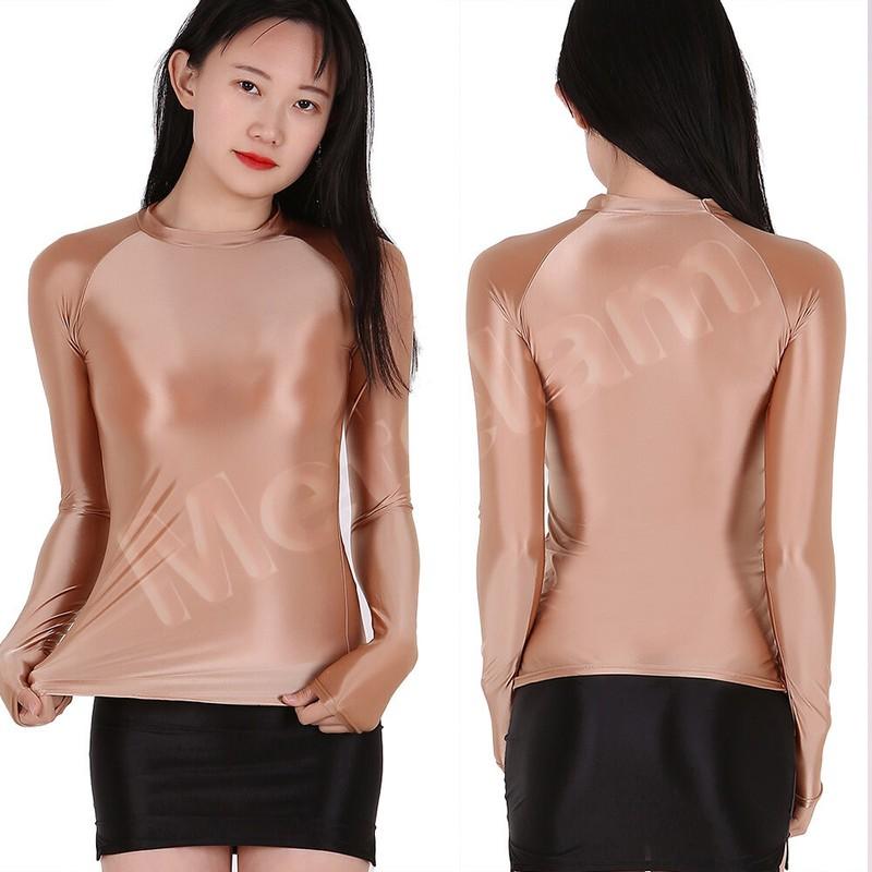 Womens Slim Stretchy Sports Tee Tops Shiny Satin Glossy Long Sleeve Shirt Blouse