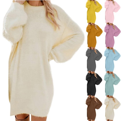 Womens Sweaters Casual Fuzzy Crewneck Long Sleeve Oversized Sweater Dress Loose