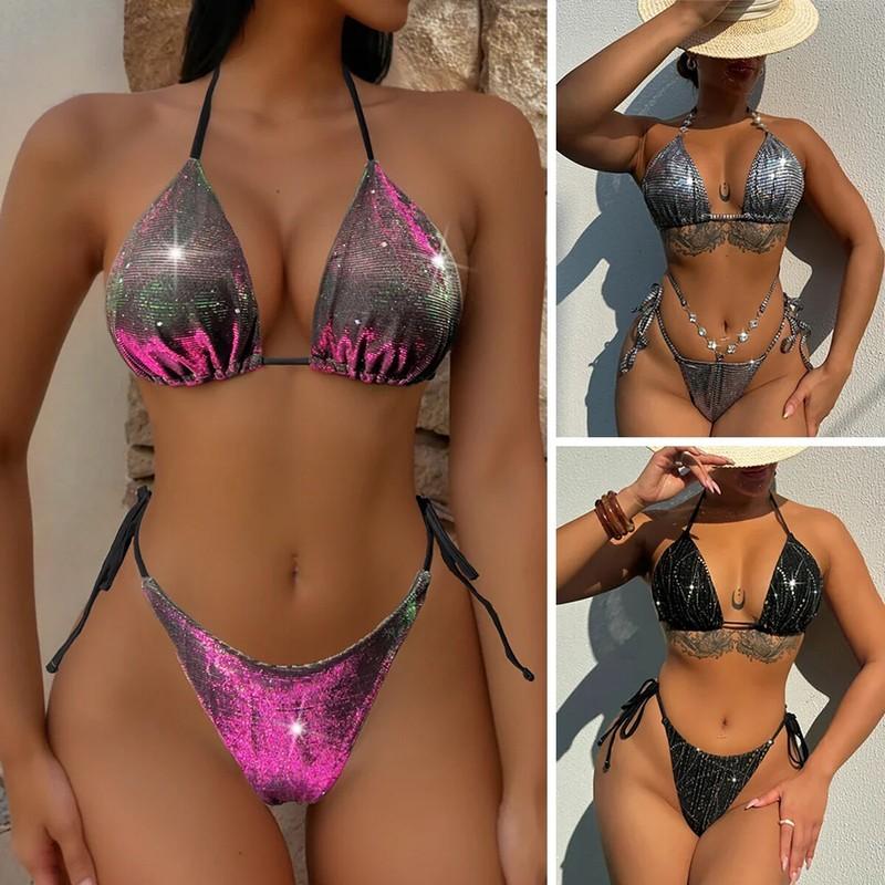 Womens Triangle Side String Bikini Swimwear Glitter Swimsuit Bling Bathing Suits