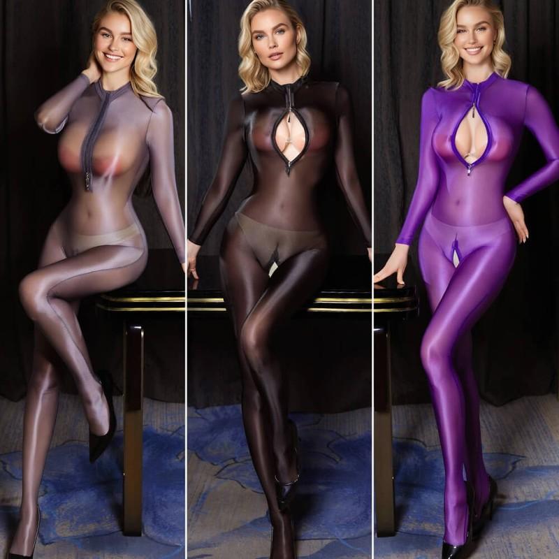 Womens Ultra Sheer Bodysuit Shiny Stretch Jumpsuit Zipper Crotch Lingerie Romper