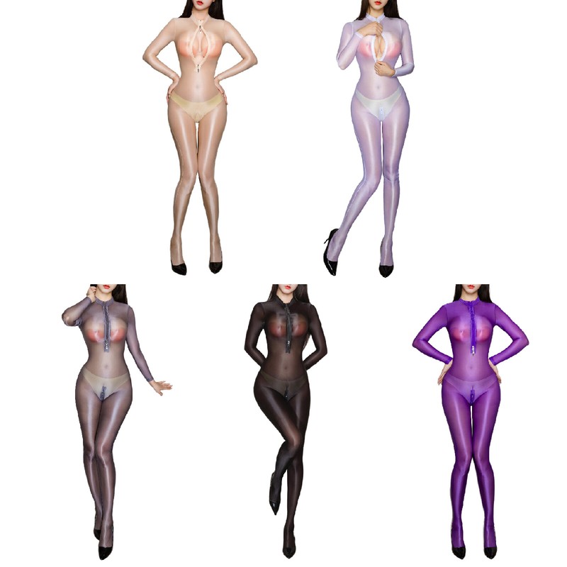 Womens Ultra Thin See Through Bodystocking Half Zipper Bodycon Jumpsuit Unitards