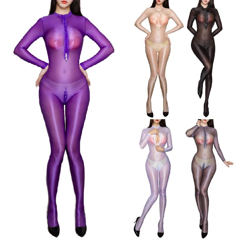 Womens Ultra Thin See Through Bodystocking Half Zipper Bodycon Jumpsuit Unitards