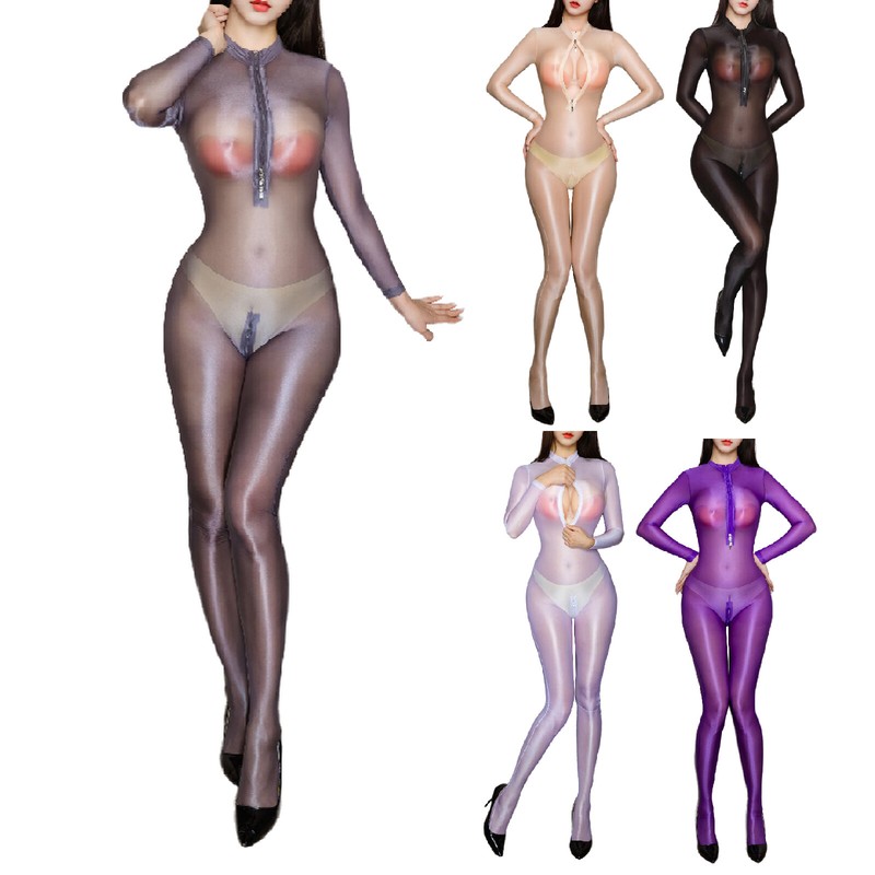 Womens Ultra Thin See Through Bodystocking Half Zipper Bodycon Jumpsuit Unitards