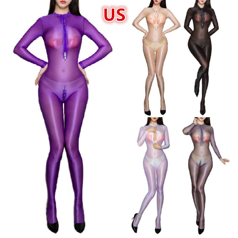Womens Ultra Thin See Through Bodystocking Half Zipper Bodycon Jumpsuit Unitards
