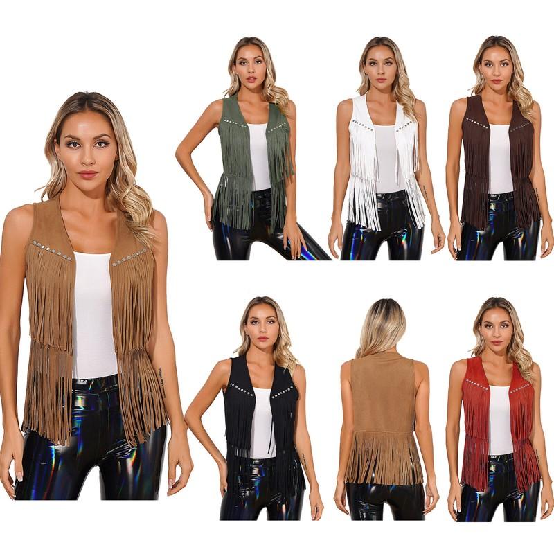 Womens Western Cowgirl Costume Fringe Faux Suede Waistcoat Vest Cardigan