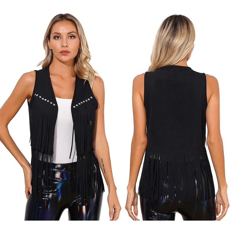 Womens Western Cowgirl Costume Fringe Faux Suede Waistcoat Vest Cardigan