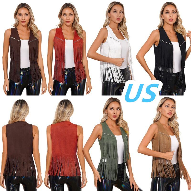 Womens Western Cowgirl Costume Fringe Faux Suede Waistcoat Vest Cardigan
