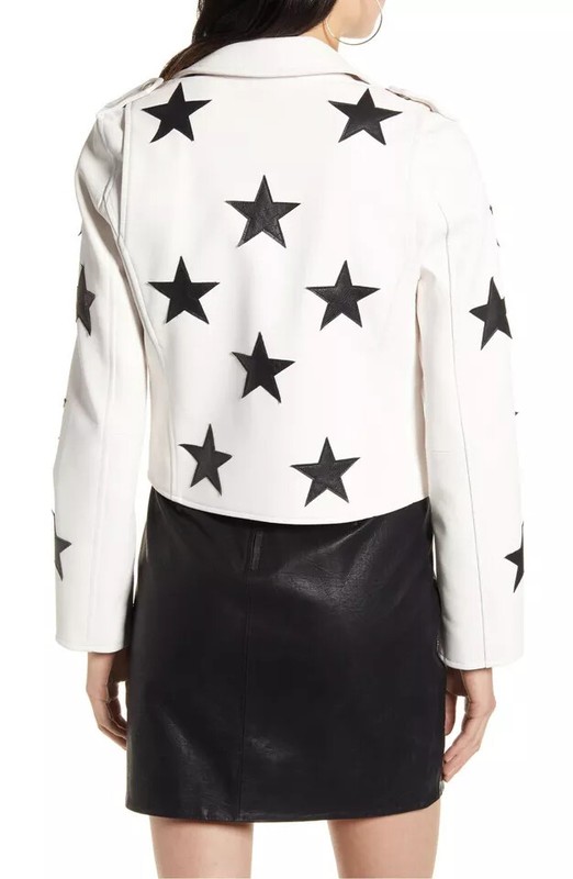 Womens White Leather Jacket With Black Star Lambskin Size S M L XL XXL