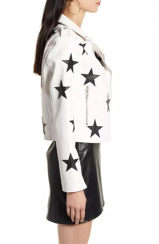 Womens White Leather Jacket With Black Star Lambskin Size S M L XL XXL