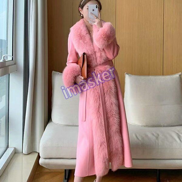 Womens Wool Blend Coat Fur Big Fur Collar Long Cashmere Jacket Trench Outwear