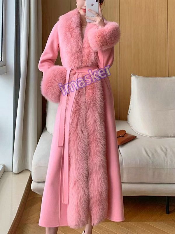 Womens Wool Blend Coat Fur Big Fur Collar Long Cashmere Jacket Trench Outwear