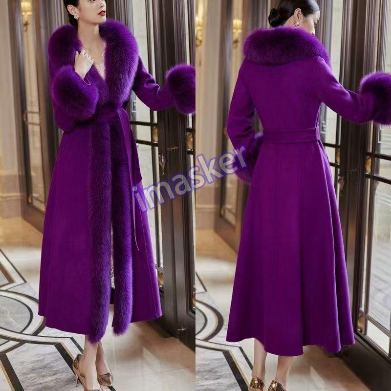 Womens Wool Blend Coat Fur Big Fur Collar Long Cashmere Jacket Trench Outwear