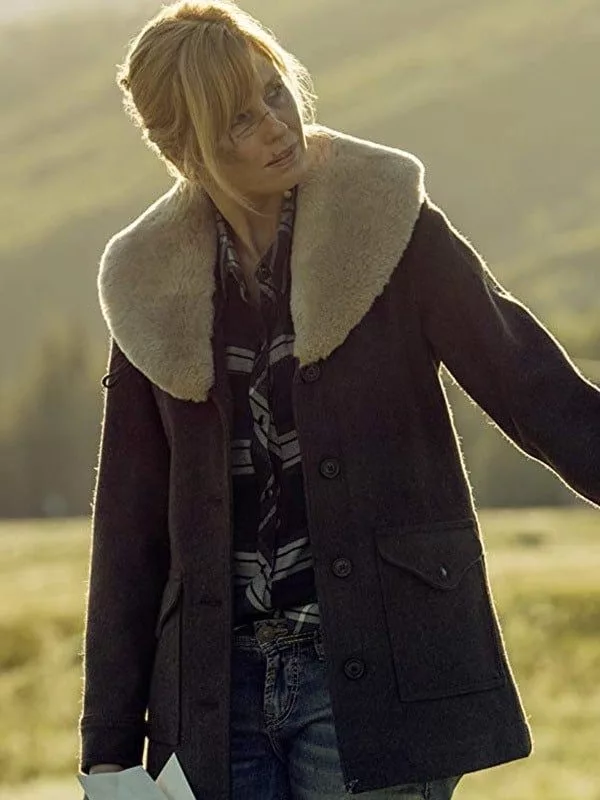 Womens Yellowstone Beth Dutton Kelly Reilly Brown Wool Coat with Shearling