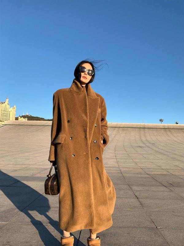 Wool Real Fur Jacket Over The Knee Women's Long Sheep Fleece Coat