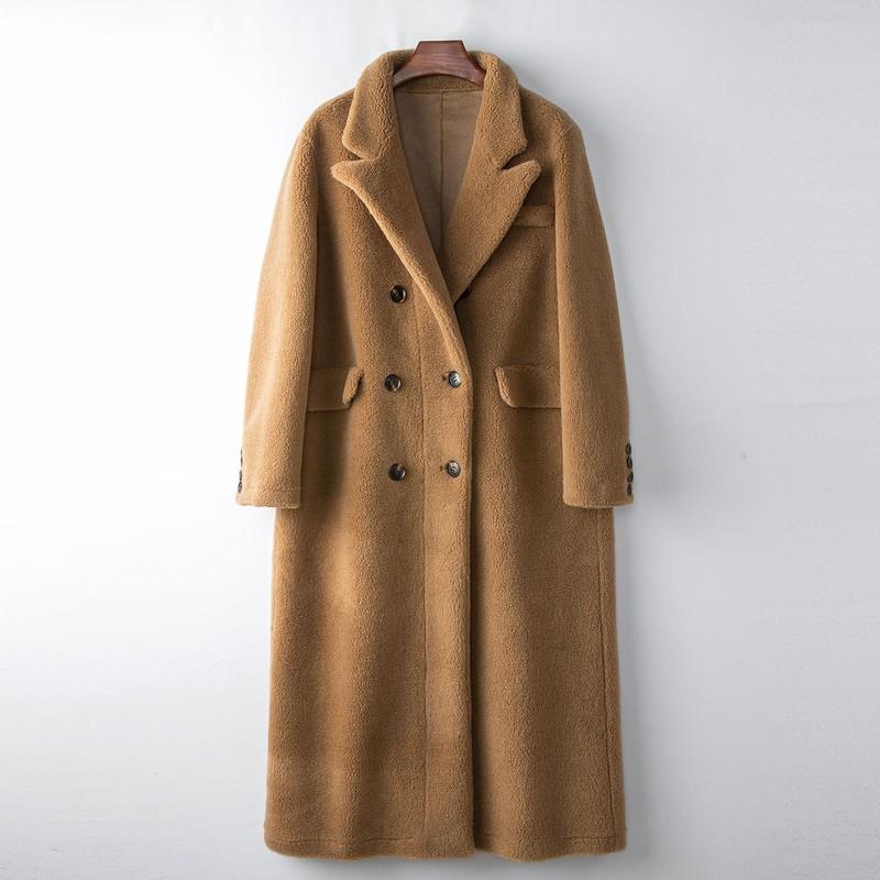 Wool Real Fur Jacket Over The Knee Women's Long Sheep Fleece Coat