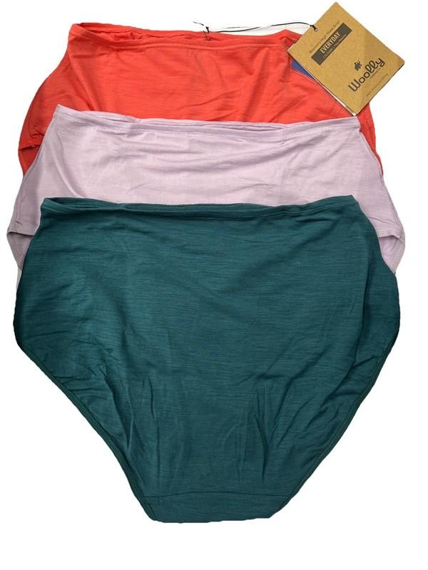 Woolly Women’s High Waisted Brief 3 Pack 95% Merino Rose Lilac Teal Small