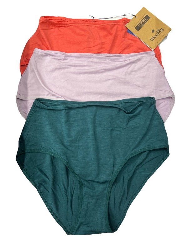 Woolly Women’s High Waisted Brief 3 Pack 95% Merino Rose Lilac Teal Small