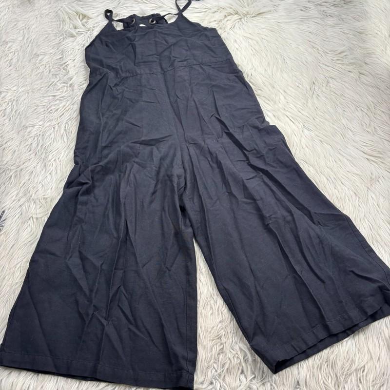 World Market Women's S / M Black Linen Blend Tie Strap Cropped Wide Leg Overalls