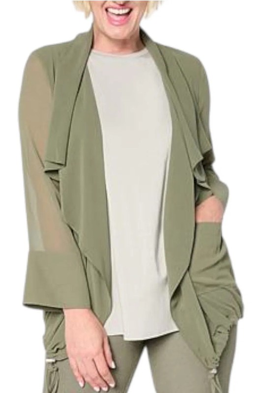 WynneLayers Women's Drape-Front Chiffon Jacket Olive Gray