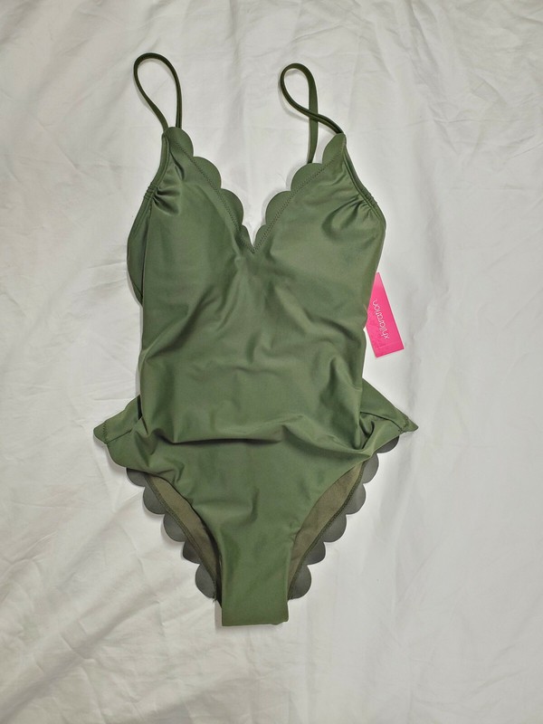 Xhilaration 1 piece Olive Swim Suit with Scallops Small 6330 NWT SHIPS FREE